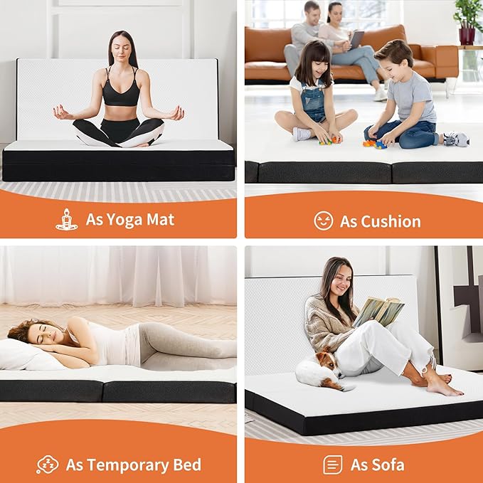 Sweetcrispy Tri-Fold Memory Foam Mattress with Collapsible and Washable Cover, Portable Floor Bed with CertiPUR-US Certified, for Travel & Yoga, Guest Mat