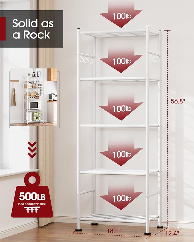Sakugi Storage Shelves - 5-Tier Large Capacity Shelf Organizer with Hooks, Heavy-Duty Garage Shelving with Leveling Feet, Wobble-Free Rack for Bedroom, Balcony, Garage, 18.1"×12.4"×56.8", White - Image 3