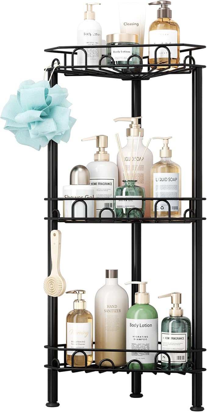 SWTYMIKI Standing Shower Caddy Corner - 3‑Tier Stainless Steel Shower Organizer Shelf with 12 Hooks and Adhesive Pads, Rustproof Corner Shelves Stand Rack for Bathroom Shower Room, Black - Image 8