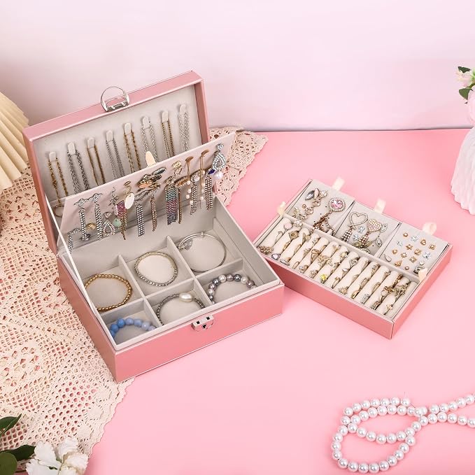 BOOVO Earring Jewelry Box For Women Girl Stud Organizer, 4 Layers Girl Jewelry Organizer Box With Lock Earring Holder Organizer Necklace Ring Jewelry Organizer Box For Girls (Rose Gold, 4 layer) - Image 7