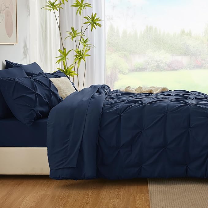 CozyLux Twin Comforter Set with Sheets Navy Blue, 5 Pieces Pintuck Bed in A Bag, Twin Bed Set Gift for Family, Pinch Pleat Bedding Set with Comforter, Sheets, Pillowcase & Sham