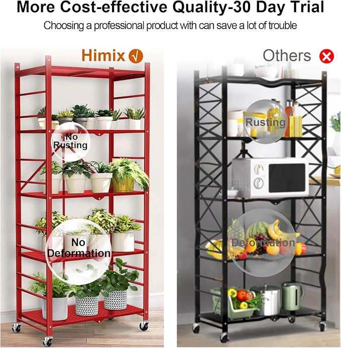 Himix Storage Shelves with 20 Hooks, 5-Tier Foldable Shelves for Storage, Folding Utility Shelf Unit Pantry Shelf with Wheels, Metal Shelving Unit Rack for Garage Christmas Room, Red - No Assembly - Image 7