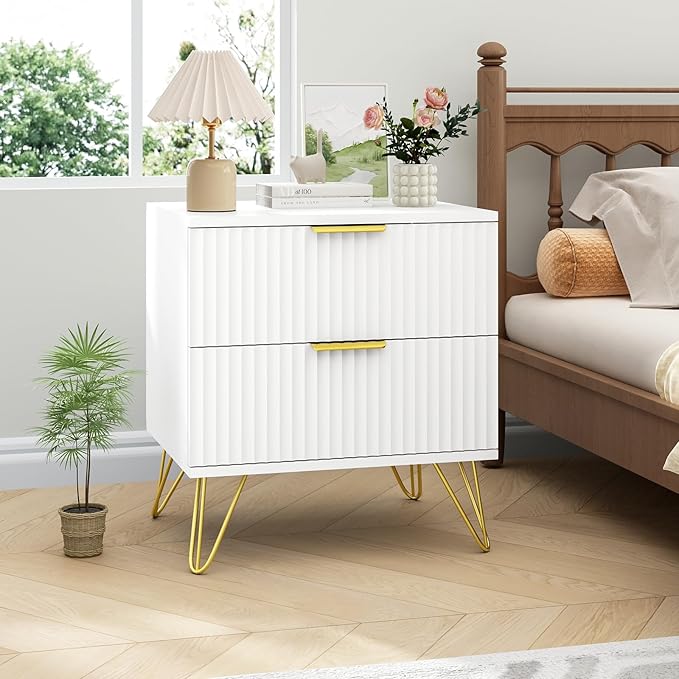7 Drawer Dresser and Nightstand Sets for Bedroom, 3 Pcs Bedroom Set,Night Stand Set of 2 & 7 Drawer Dresser with Gold Handles, Modern Wood Chest of Drawers Storage Cabinet Set, White