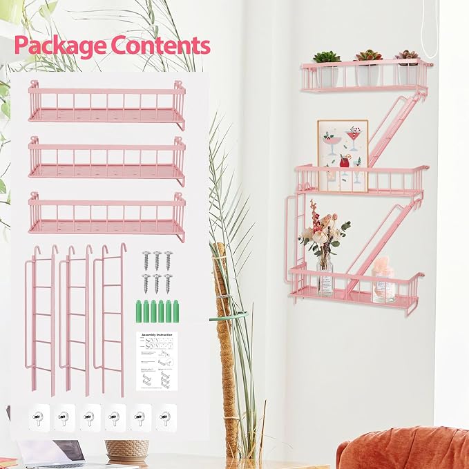SweetSage Fire Escape Shelf - Pink Wall Decor Floating Shelves, Cute Metal Ladder Shelving for Bedroom, Home Decor Display (3-Tier) - Image 7