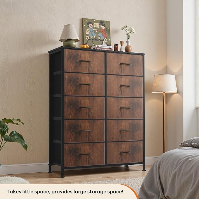 OLIXIS 10 Drawer Tall Dresser with Fabric Bins for Bedroom, Fabric Storage Tower Organizer for Closet Living Room Hallway, Double Chest of Drawers with Steel Frame Wood Top,Black-Brown - Image 7