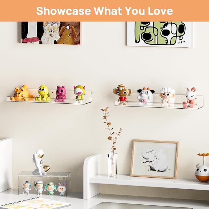 upsimples Acrylic Shelves for Bathroom Storage, 15" Floating Shelves Wall Organizer for Perfume, Make up, Skincare, Kids Bookshelf for Bedroom, Nursery, Living Room Decor, Clear, 2 Pack - Image 7