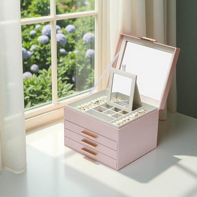 BOOVO Clear Lid Jewelry Box,3 Layers Jewelry Organizer Large Jewelry Storage Box with 2 Drawers,Jewelry Holder Organzier of Rings Earrings Necklace Bracelets for Women (Rose Gold, 4 Layer) - Image 7
