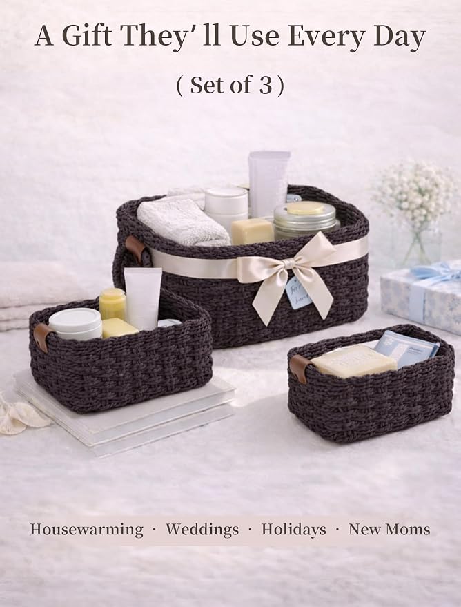 Storage Basket, Recycled Paper Rope Basket Organizer, 3Pcs Small Baskets for Organizing, Mini wicker Basket for Decorative Storage Bins, Shelves, Cabinet - Dark Brown - Image 7