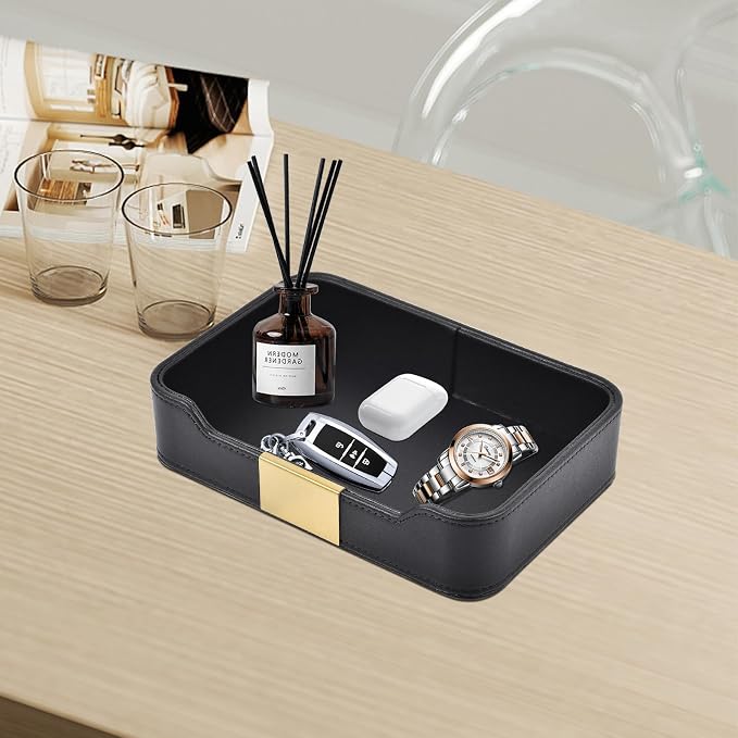 Luxury Leather Valet Tray Desktop Storage Organizer,Bedside Vanity Catchall Tray Nightstand Caddy Holder for Cosmetic,Jewelry,Watch,Keys,Phone,Wallet,Remote Controller,Pen,Black - Image 7