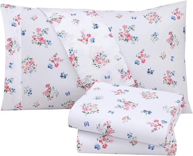 RUVANTI 100% Cotton Sheets – Split King Size Percale Bedding, Cooling & Breathable Floral Design, Durable with a Crisp, Soft & Comfortable Feel, 16" Deep Pocket, 5-Piece Set, Funa Flora