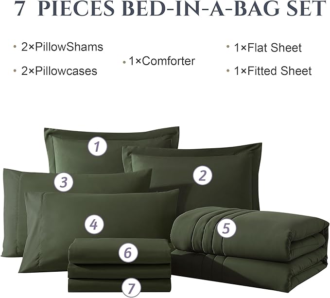 Monbix Oversized Queen Size Comforter Set - 7 Pieces Bed in a Bag, Olive Green Bedding Sets with Comforter, All Seasons Comforter Bed Set with Sheets, Pillowcases & Shams