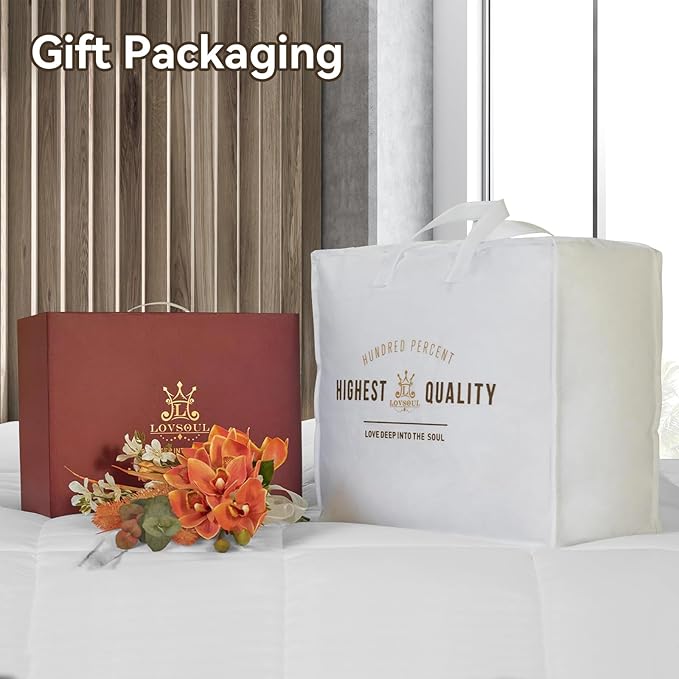 L LOVSOUL Organic 75% Down Fiber Comforter Super King Size,850+FP,1200TC,Extra Fluffy,Hotel Style,Luxury Ultra Soft All Season White Duvet Insert with 8 Corner Tabs