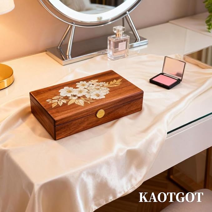 Travel Jewelry Case Small Wood Jewelry Organizer Jewelry Box for Women (Nut-Brown Print C) - Image 8