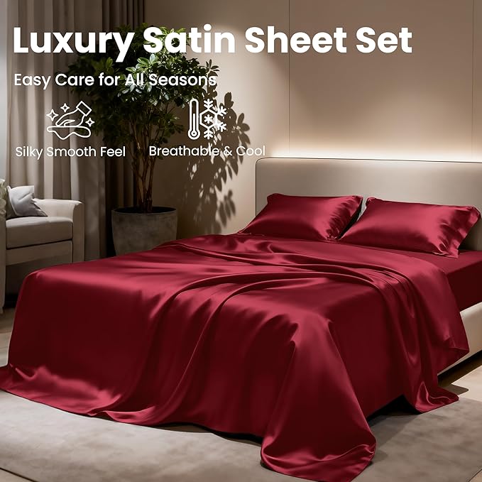 Love's cabin Full Size Satin Sheet Sets - 4 Piece Burgundy Silky Satin Sheet Set Full with Deep Pocket, Luxury Silk Feel Satin Bed Sheets Full Bedding Set (1 Flat Sheet,1 Fitted Sheet,2 Pillow Cases)