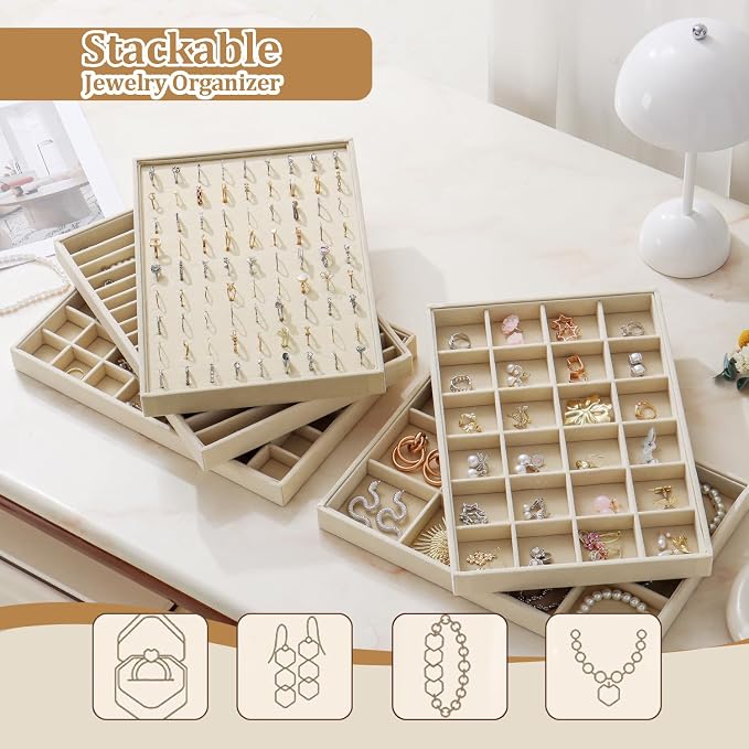 Large Velvet Jewelry Tray 2 Pack Stackable Jewelry Display Drawer Inserts Trays Organizer for Earring Bracelet Necklace Ring (Beige, 12 Grids) - Image 7
