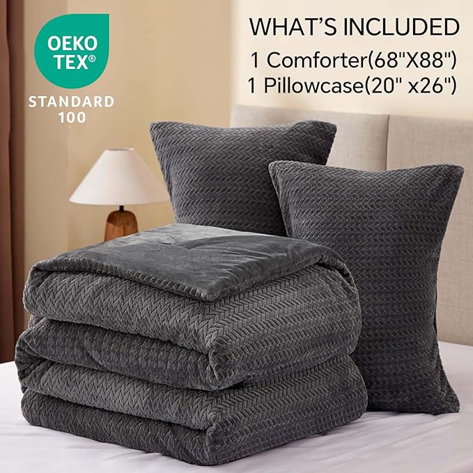 Flannel Fleece Twin Comforter Set - Furry Grey Leaves Pattern Faux Fur Bed Set, Winter Ultra Soft Fuzzy Comfort Set, Velvet Bedding Set for Bed with 1 Pillow case