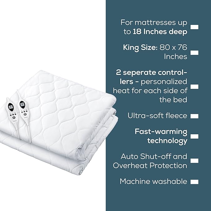 Beurer UWB80 Heated Mattress Pad King, Dual Control Electric Mattress Cover with Separate Feet/Body Heat, Auto Shut Off, 9 Warming Levels, Overheat Protection, Soft Quilted Fabric, King 76" x 80"