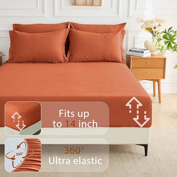 MUXHOMO 7 Pieces California King Comforter Set, Soft Bed in a Bag Cal King Size, All Season Bedding Set with Comforter, Flat Sheet, Fitted Sheet, Pillowcases & Shams, Burnt Orange