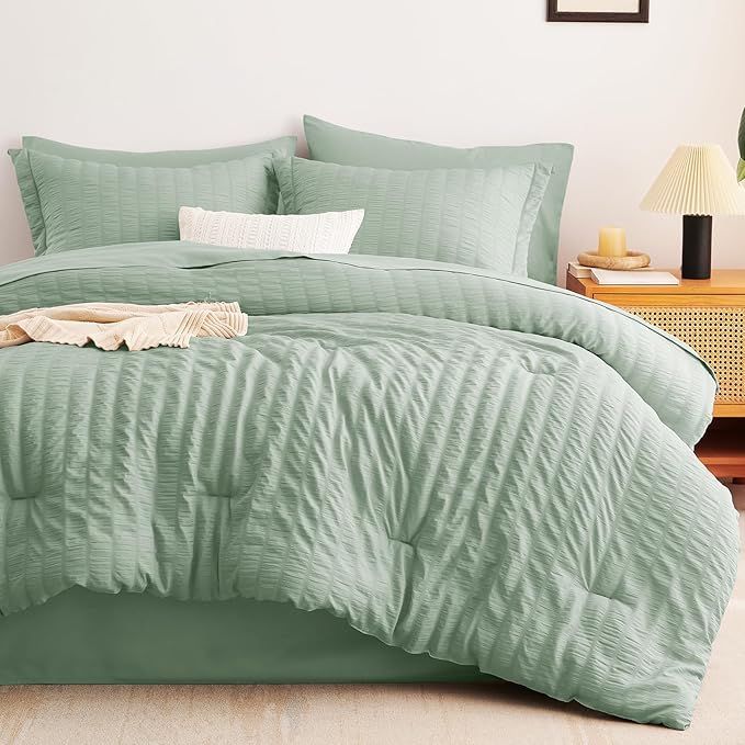 CozyLux King Size Comforter Set Sage Green Seersucker 7 Pieces Bed in a Bag King Comforter Set with Sheets, Luxury Bedding Sets with Down Alternative Comforter, Sheets, Pillowcases & Shams All Seasons