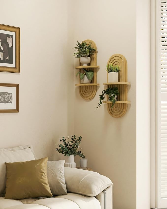 Bamworld Boho Wall Decor 2pcs Plant Wall Shelf, Mid Century Modern Decor Hanging Plant Shelf, 2-Tier Wooden Floating Shelves for Home, Bathroom Bedroom Living Room Holding Planter Decoration Natural - Image 6