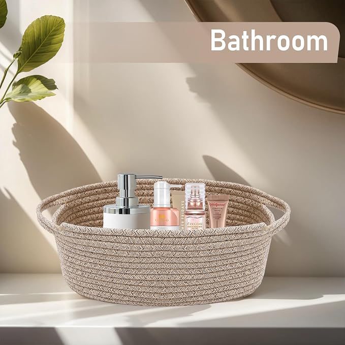 JMvicyroam Woven Basket,Small Rope Storage Bin with Handles & Ribbon Bag, Organizer for Shelves Closets,Gift Basket Empty for Birthday,Books,Dog Toys,Oatmeal/2 Pack - Image 8
