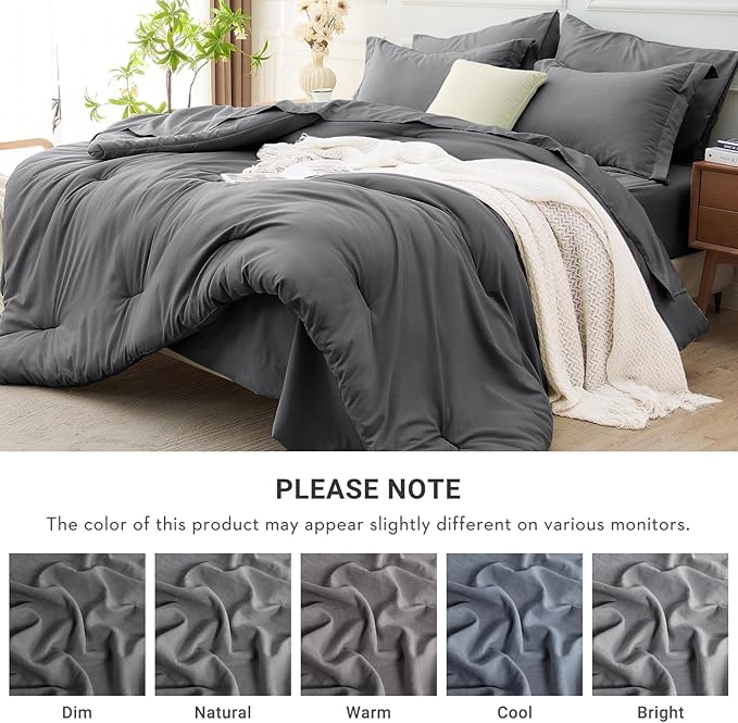 MUXHOMO 7 Pieces California King Comforter Set, Soft Bed in a Bag Cal King Size, All Season Bedding Set with Comforter, Flat Sheet, Fitted Sheet, Pillowcases & Shams, Dark Grey