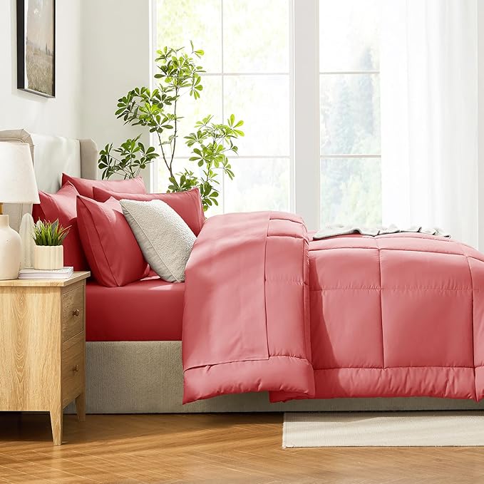CozyLux Queen Comforter Set Coral, 7 Pieces Bed in a Bag, Coral Comforters Queen Size, All Season Bedding Sets with Stitch Quilted Comforter, Flat Sheet, Fitted Sheet, Pillowcases