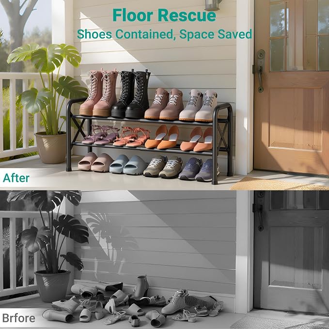 YEASHEIN 2-Tier Expandable Shoe Rack for Closet Floor, X-Frame Metal Small Shoe Rack for Entryway, Adjustable Shoe Shelf Organizer, Free Standing Shoe Racks for Front Door Entrance, Garage - Black - Image 6