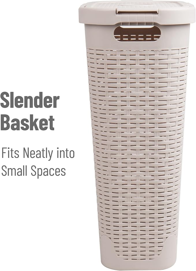 Mind Reader Slim Laundry Hamper with Lid, 40L Clothes Basket, Narrow Tapered Design with Ventilated Cutout Pattern, Plastic, Ivory - Image 6