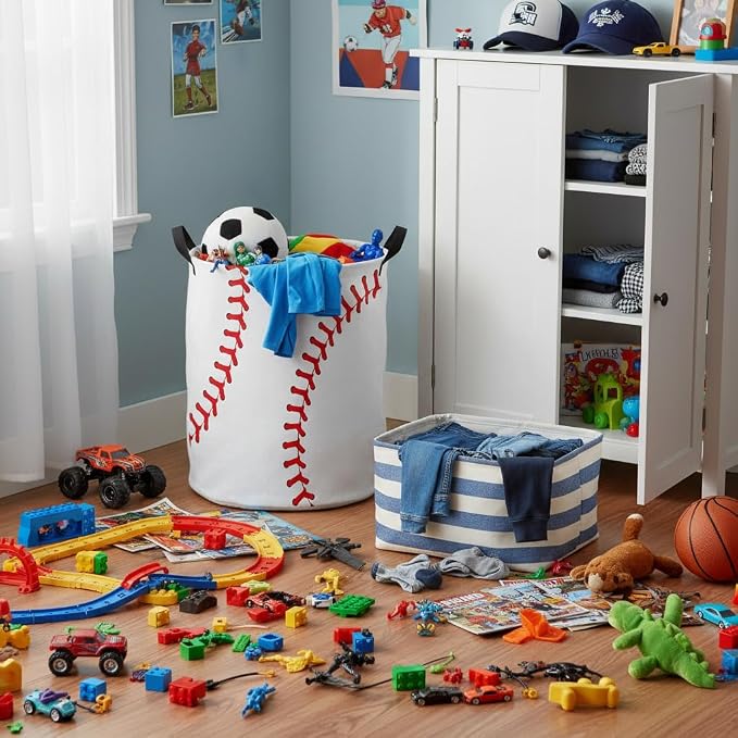 Baby Laundry Basket Baby Nursery Hamper Kids Laundry Basket Toy Storage Bin for Boys Room Decor Gift Baskets for Bedroom Bathroom(Baseball) - Image 6