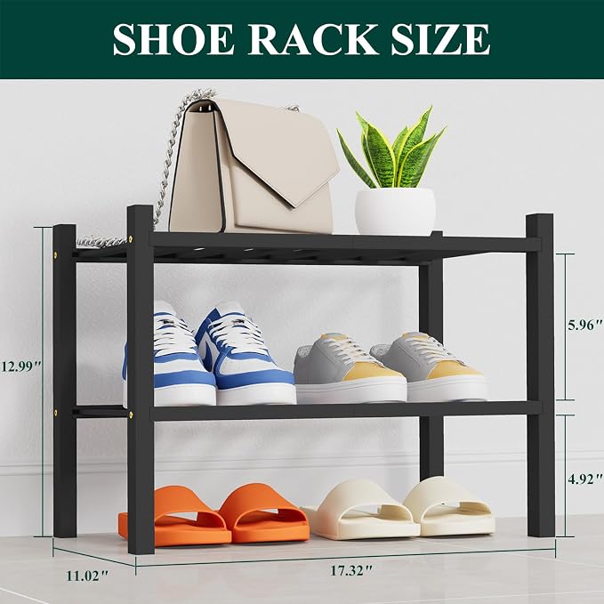 Smiry Shoe Rack, 2 Tier Thick Small Bamboo Shoe Organizer, Stackable Free Standing Wooden Shoe Storage Shelf for Closet, Entryway, Front Door Entrance, Black - Image 2