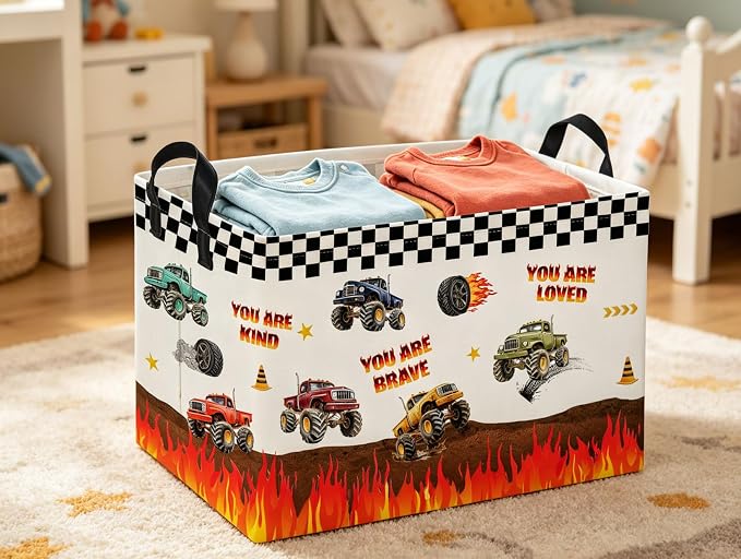 Rectangular Kids Baskets Monster Truck Basket Cute Storage Bins Organizer Box Boys Room Decor for Home.(Flame Racing) - Image 6