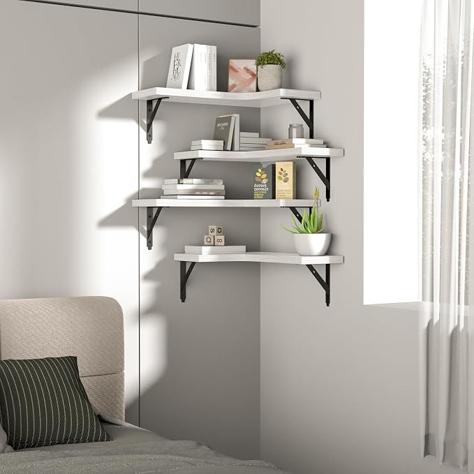 ROMGUAR CRAFT Corner Floating Shelves Wall Mounted Set of 4, Rustic Wood Storage Display Shelves for Home Decor, Bathroom, Kitchen, Bedroom, Living Room, Office (White) - Image 7