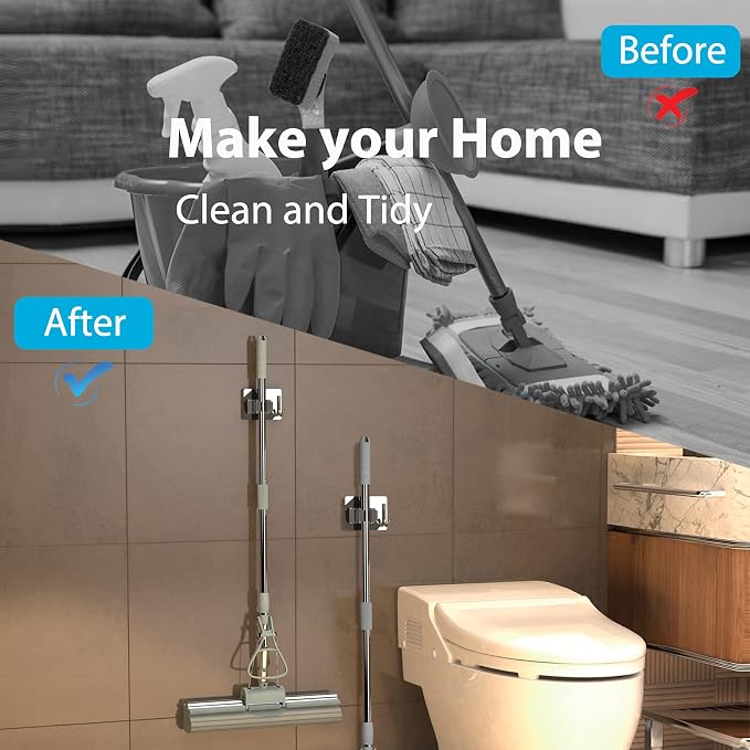 homeasy Mop Broom Holder No Drill, Mop Broom Organizer Wall Mounted Heavy Duty with Hooks Hanger, Self Adhesive Stainless Steel 6Pcs for Bathroom, Kitchen, Office (Silver) - Image 9