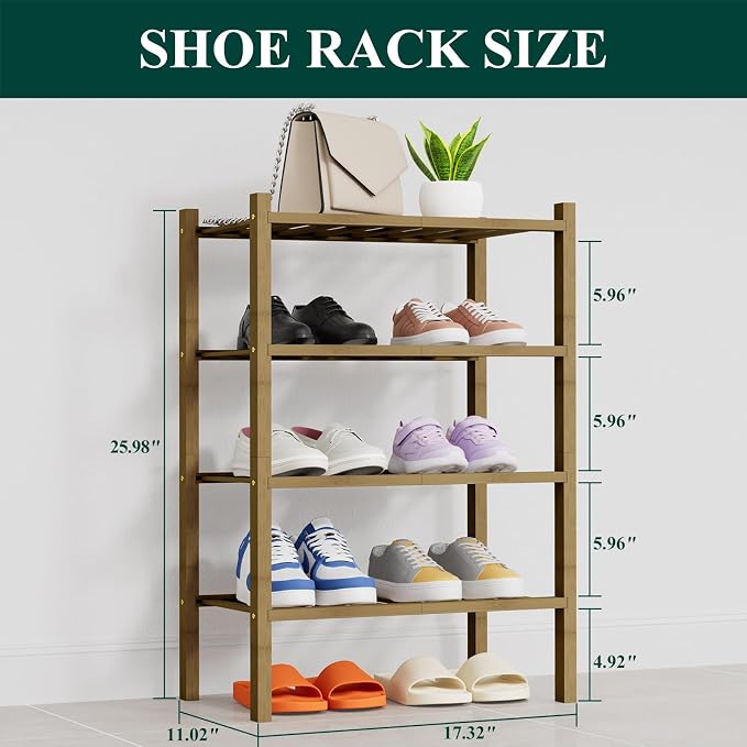 Smiry Shoe Rack, 4 Tier Thick Small Bamboo Shoe Organizer, Stackable Free Standing Wooden Shoe Storage Shelf for Closet, Entryway, Front Door Entrance, Walnut - Image 2