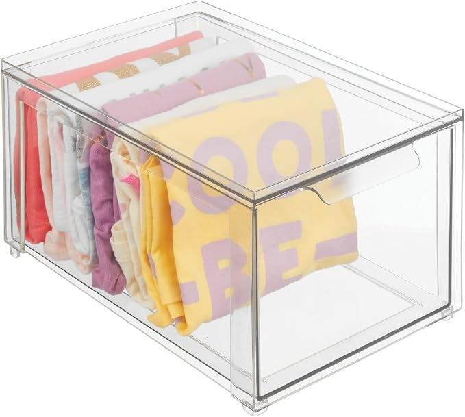 mDesign Plastic Closet Organizer Bin w/Pull Out Drawer - Stackable Storage for Closet - Organization for Shoes, Clothes, Bags, Totes, Small Linens, and More - Lumiere Collection - 2 Pack - Clear - Image 8