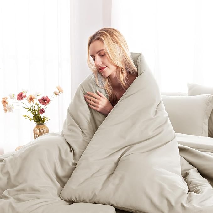 CozyLux Oversized Queen Comforter Set Beige, 7 Pieces Bed in a Bag Comforter Set with Sheets, Luxury Soft Bedding Sets with Down Alternative Comforter, Fitted Sheet, Flat Sheet, Pillowcases & Shams