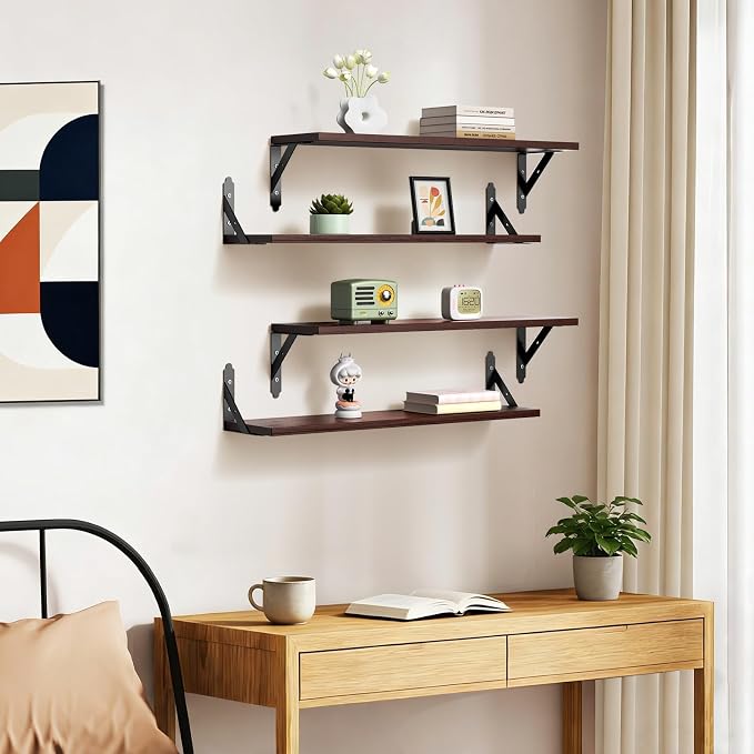 ROMGUAR CRAFT Wood Floating Shelves Set of 4, Rustic Storage Decor Wall Shelves, Wall Mounted Shelf for Living Room, Bedroom 23.6" x 6", Brown - Image 7