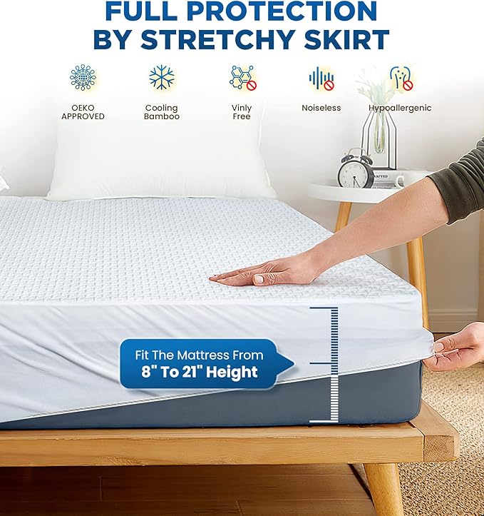 Premium 100% Waterproof King Mattress Protector Breathable Cooling 3D Air Fabric Cover Smooth Soft Hypoallergenic Noiseless Bed Cover Machine Washable Vinyl Free, 8-21'' Deep Pocket