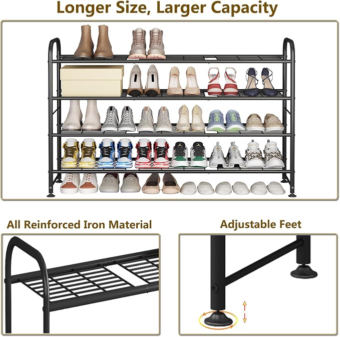 LINZINAR Shoe Rack Long 4 Tier Shoe Storage Organizer Metal Wide Shoe Shelf for Closet Entryway Bedroom 24 Paris Large Capacity, Gold Black - Image 6
