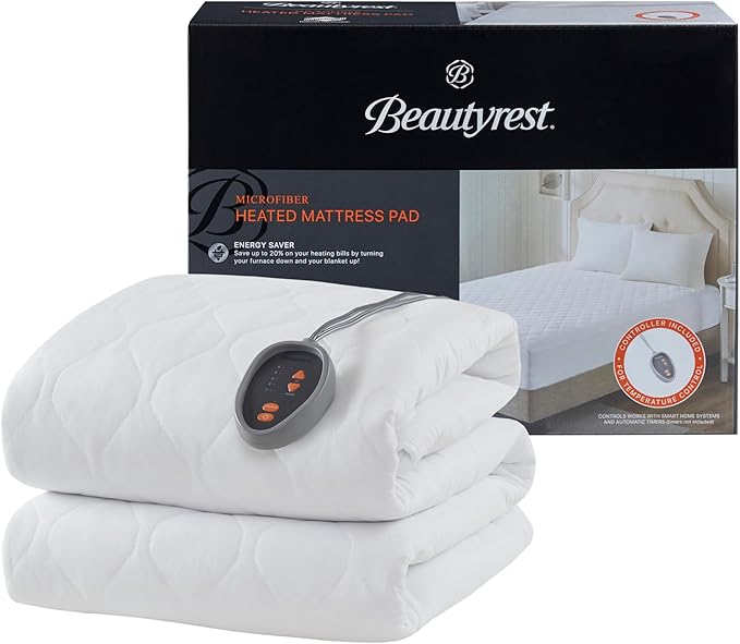 Beautyrest Cotton Blend Heated Mattress Pad Secure Comfort Technology - Luxury Quilted Electric Mattress Pad with Deep Pocket - 5-Setting Heat Controllers, Full, White