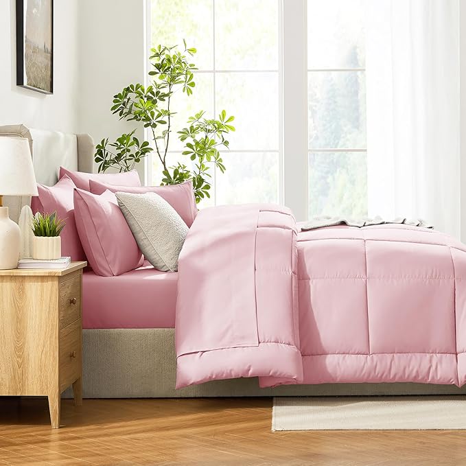 CozyLux Full Size Comforter Set Pink, 7 Pieces Bed in a Bag, Pink Comforter Full Size, All Season Bedding Sets with Stitch Quilted Comforter, Flat Sheet, Fitted Sheet, Pillowcases