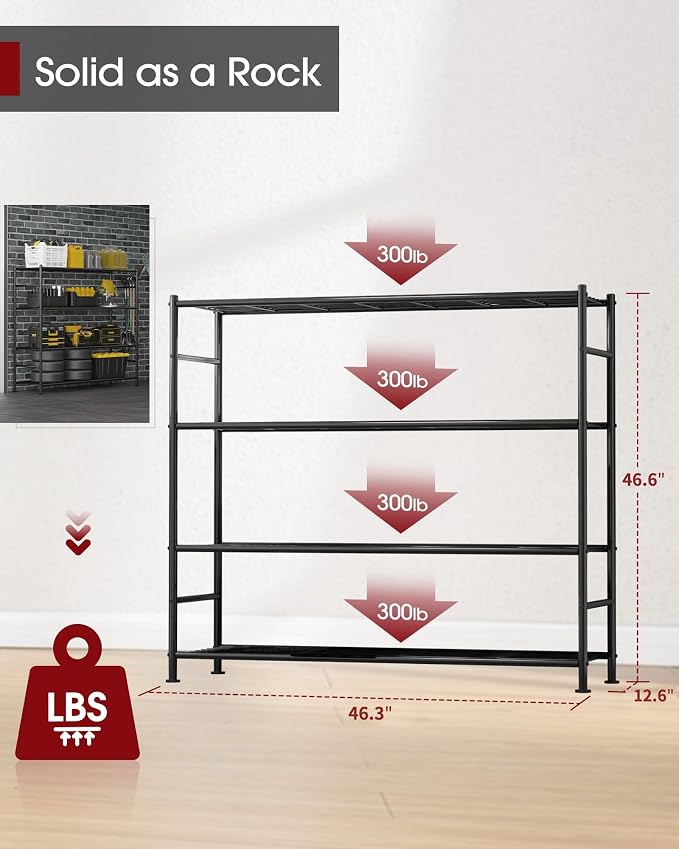 Sakugi Storage Shelves - 4 Tier Shelf Organizer, Heavy Duty Garage Shelving Unit with Leveling Feet, Stable Metal Shelves Organizer for Pantry, Kitchen and Closet, 46.3" W x 12.6" D x 46.6" H, Black - Image 2