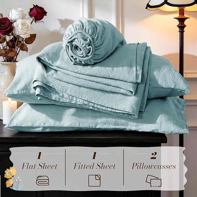 SONORO KATE 100% French Pure Linen Sheets, Breathable and Durable Linen King Size Sheets, Anti-Tear Linen Bed Sheets, Machine Washable, 16 Inch Deep Pocket - 4 Piece (Ocean, King)