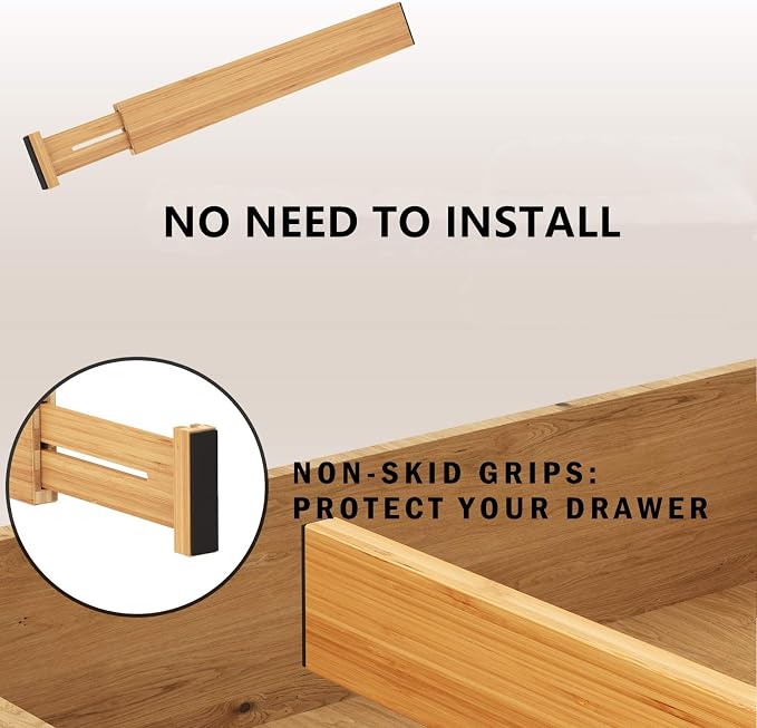 BAMEOS Drawer Dividers kitchen Organization Bamboo Utensil Organizers for Kitchen Bedroom Bathroom Dresser Office 4-pack - Image 7