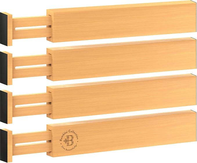 4-Pack Bamboo Drawer Dividers - 2.6 in High, Adjustable 16 to 22 in Expandable Drawer Organizers and Dresser Separators for Clothes, Bedroom, Bathroom, Kitchen, and Office Organization and Storage - Image 9