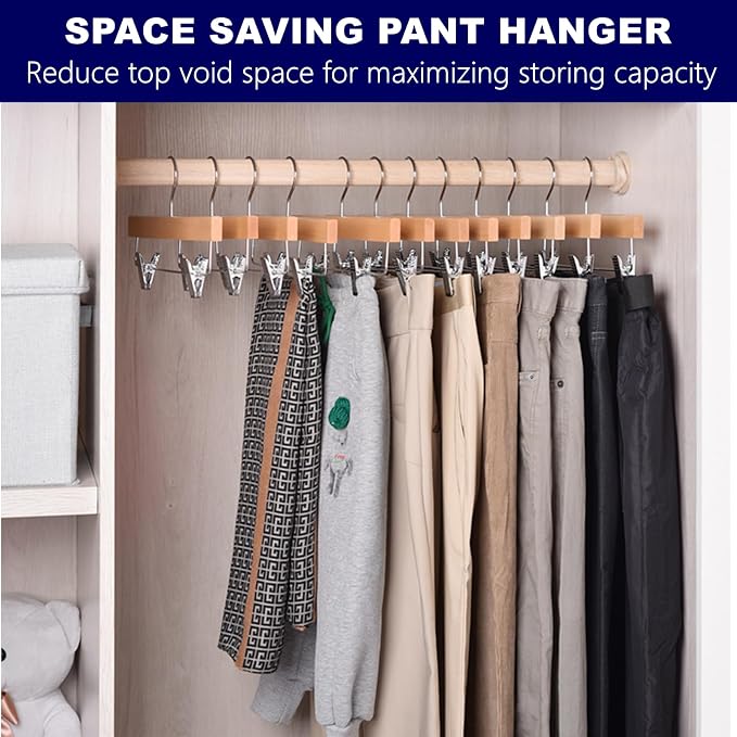 Amber Home 10 Pack Wooden Pants Hangers with Clips, 14" Natural Wood Skirt & Trouser Hangers, Closet Hangers for Jeans, Slacks, Shorts, with 2-Adjustable Clips (Natural, 10) - Image 6