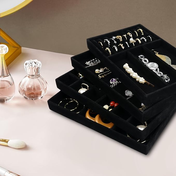 Cirhy 4 Stackable Jewelry Trays Organizer Set for Drawer, Jewelry Organizers and Display Case Storage, Velvet Drawer Inserts Organizer for Necklace Bracelets Earrings Organizer, Gift For Her, Black - Image 8