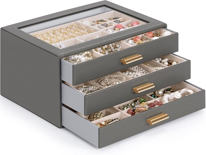 AKOZLIN Jewelry Box with Clear Lid Functional Leather Jewelry Storage Organizer Case 3 Drawers for Women Girls Necklace Ring Bracelet Earring - Image 8