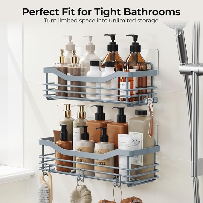 Orimade Shower Caddy Basket Shelf Storage Rack, No Drilling Wall Mounted Adhesive Rust Resistant Stainless Steel Shower Organizer with 5 Hooks for Bathroom, Light Blue Grey 2 Pack - Image 9